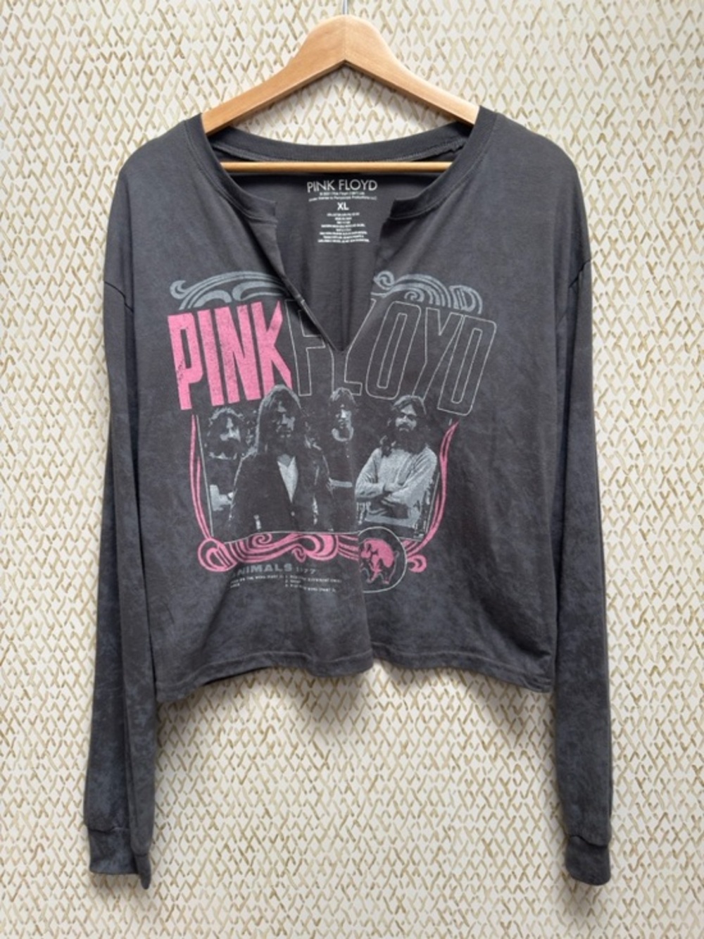Pink Floyd Cropped Long Sleeve Band Tee Washed Black Pink Graphic Grunge Y2K XL